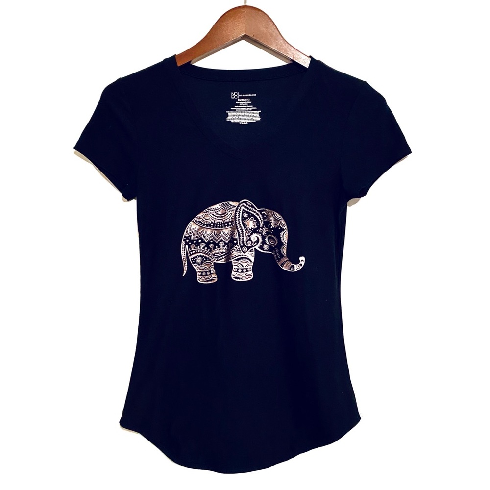 NOBO Black V-Neck Tribal Elephant Graphic Soft Stretch Tee Curved Hem Rose Gold